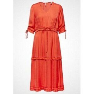 Scotch & Soda boho‎ Orange Ruffled Midi Gathered Tiered Dress V Neck sz Small h2